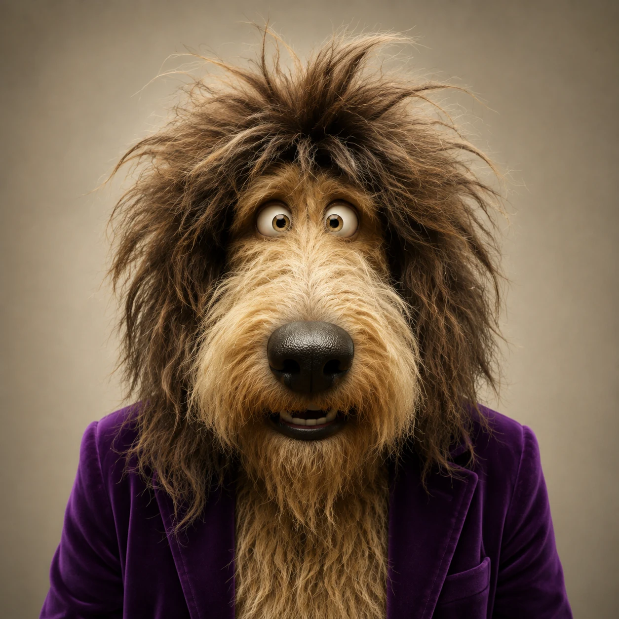 Duke, bassist of Stray Dogs Rockers, shaggy-haired in a purple velvet blazer
