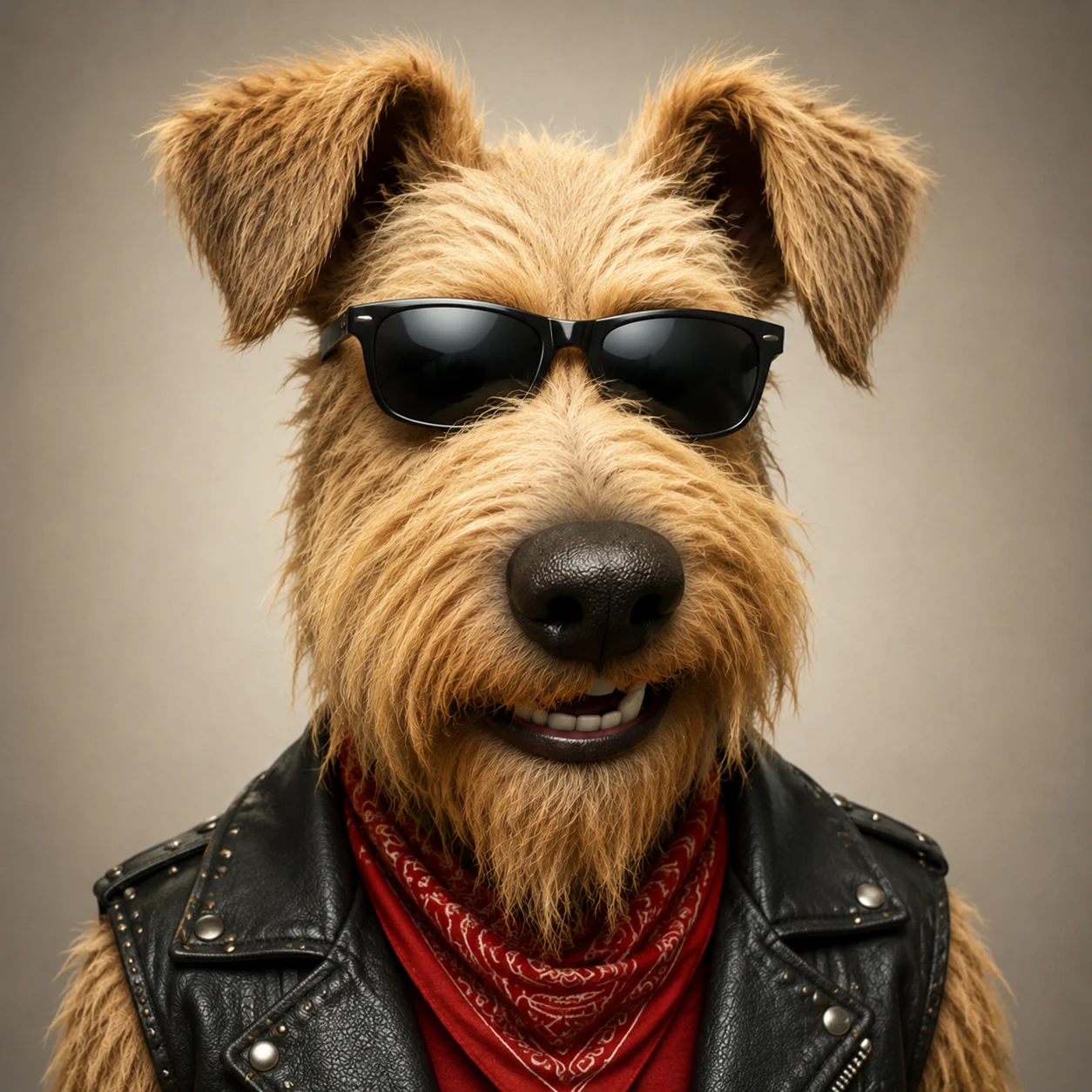 Max, drummer of Stray Dogs Rockers, in a leather vest and sunglasses