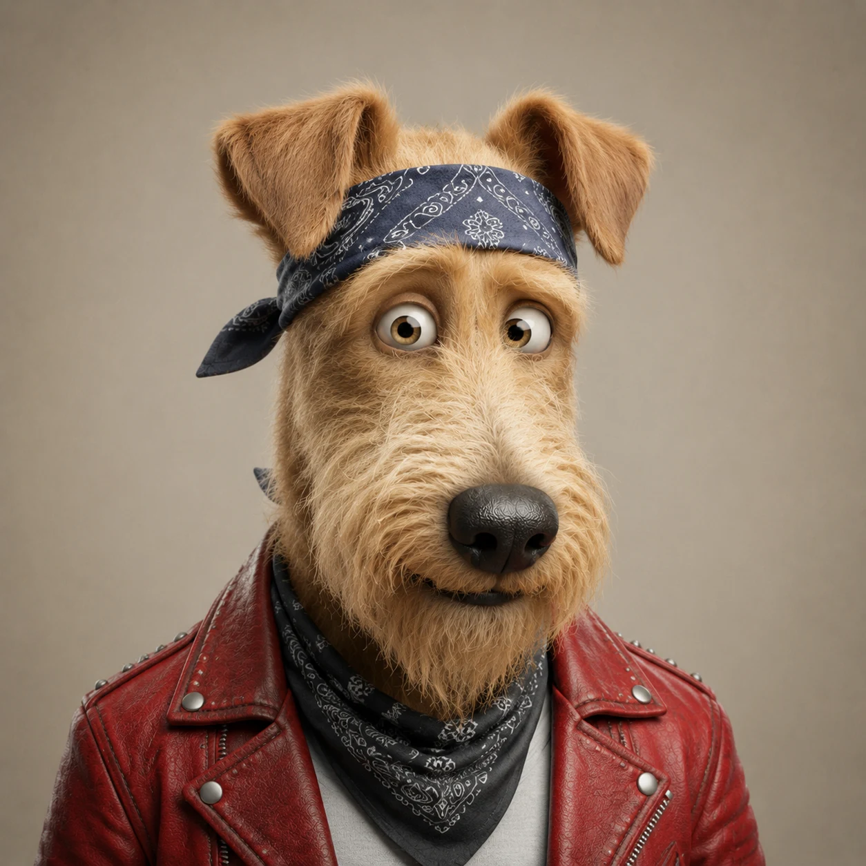 Sam, keyboardist of Stray Dogs Rockers, in a red leather jacket with a bandana headband